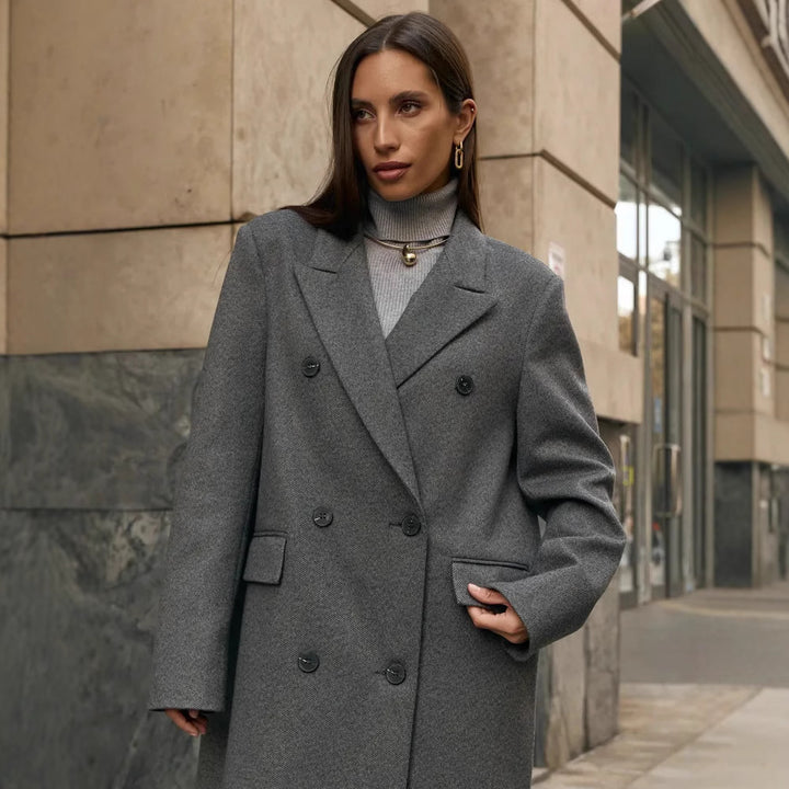 Damen Eleganter Doppelreiher-Mantel mit strukturierten Details Drune