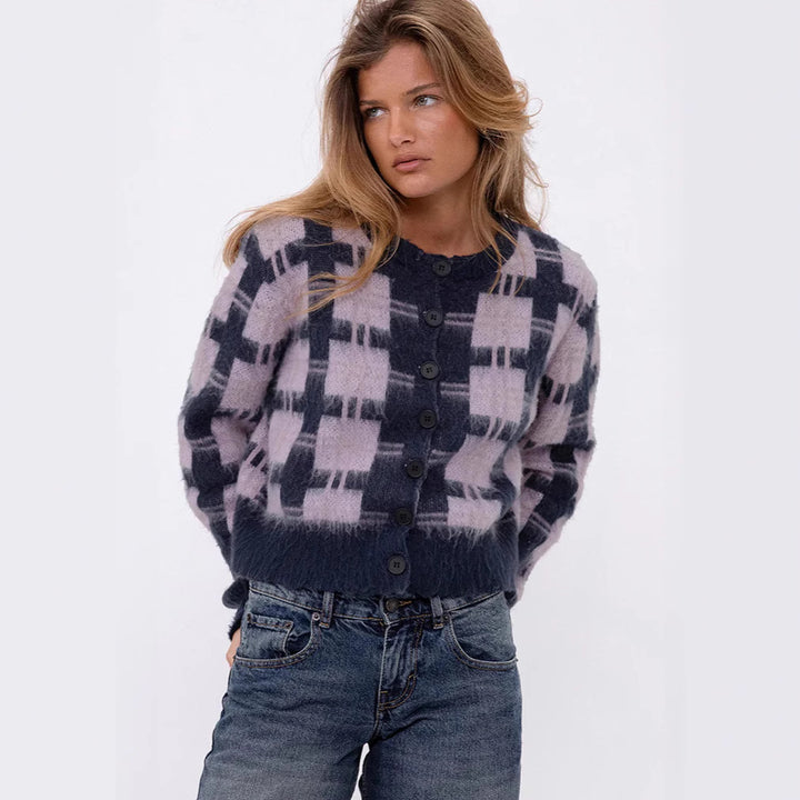 Damen cropped Strickjacke mit modernem Karomuster und knöpfbarem Design Drune