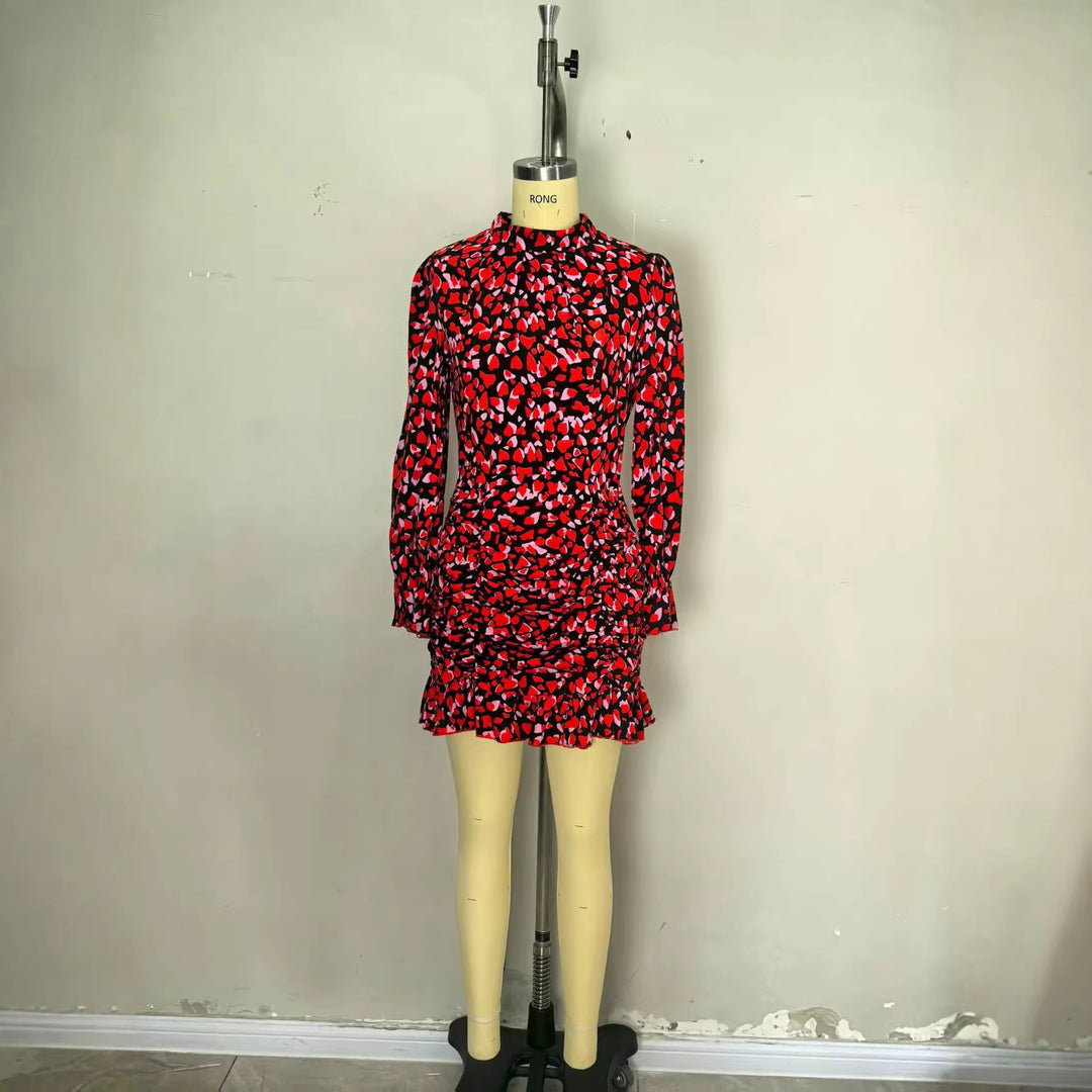 Damen elegantes Mini-Kleid mit Rüschendetails und hohem Kragen Drune