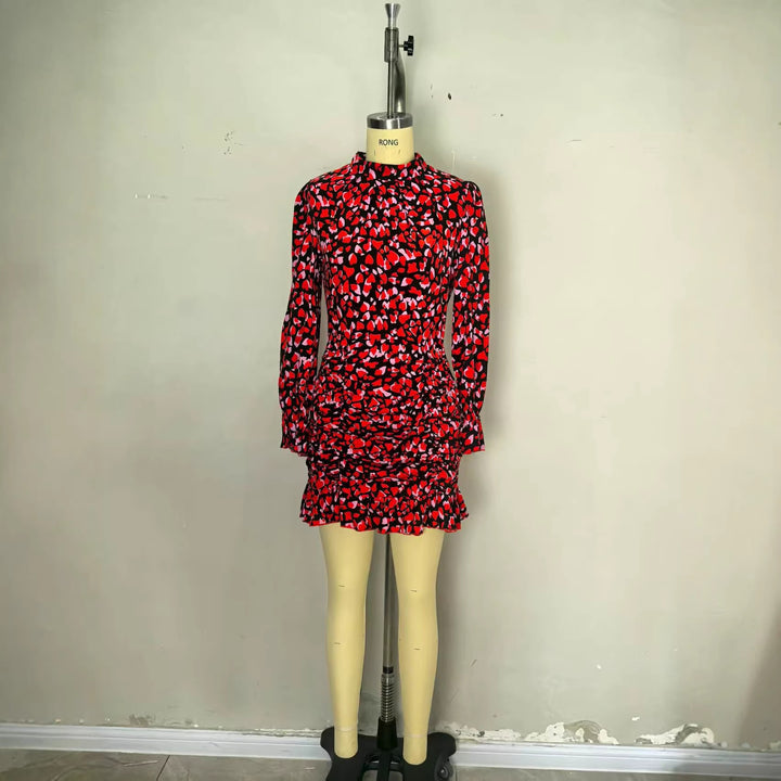 Damen elegantes Mini-Kleid mit Rüschendetails und hohem Kragen Drune