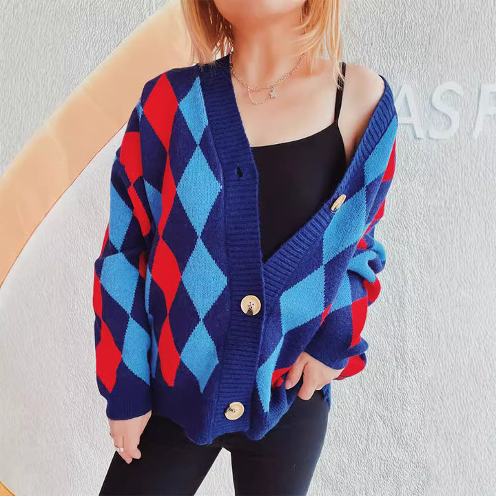 Damen Gemusterte Strickjacke im modernen Rautendesign mit großen Knöpfen Drune