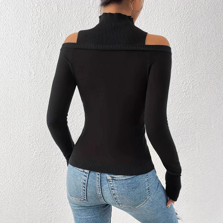 Damen modisches Langarm-Oberteil mit Cut-Outs und hohem Kragen Drune