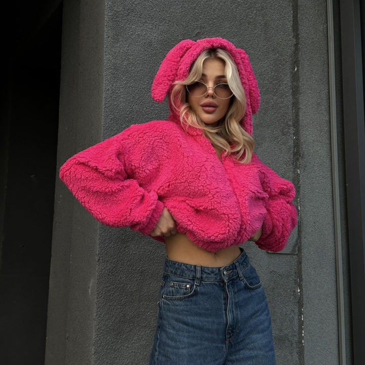 Damen kuschelige Fleecejacke mit tierischem Kapuzen-Design Drune