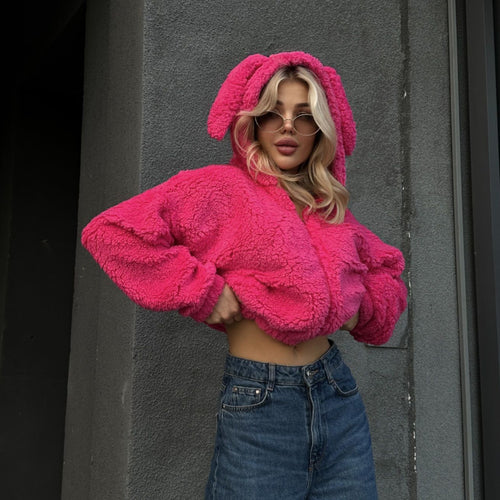Damen kuschelige Fleecejacke mit tierischem Kapuzen-Design Drune