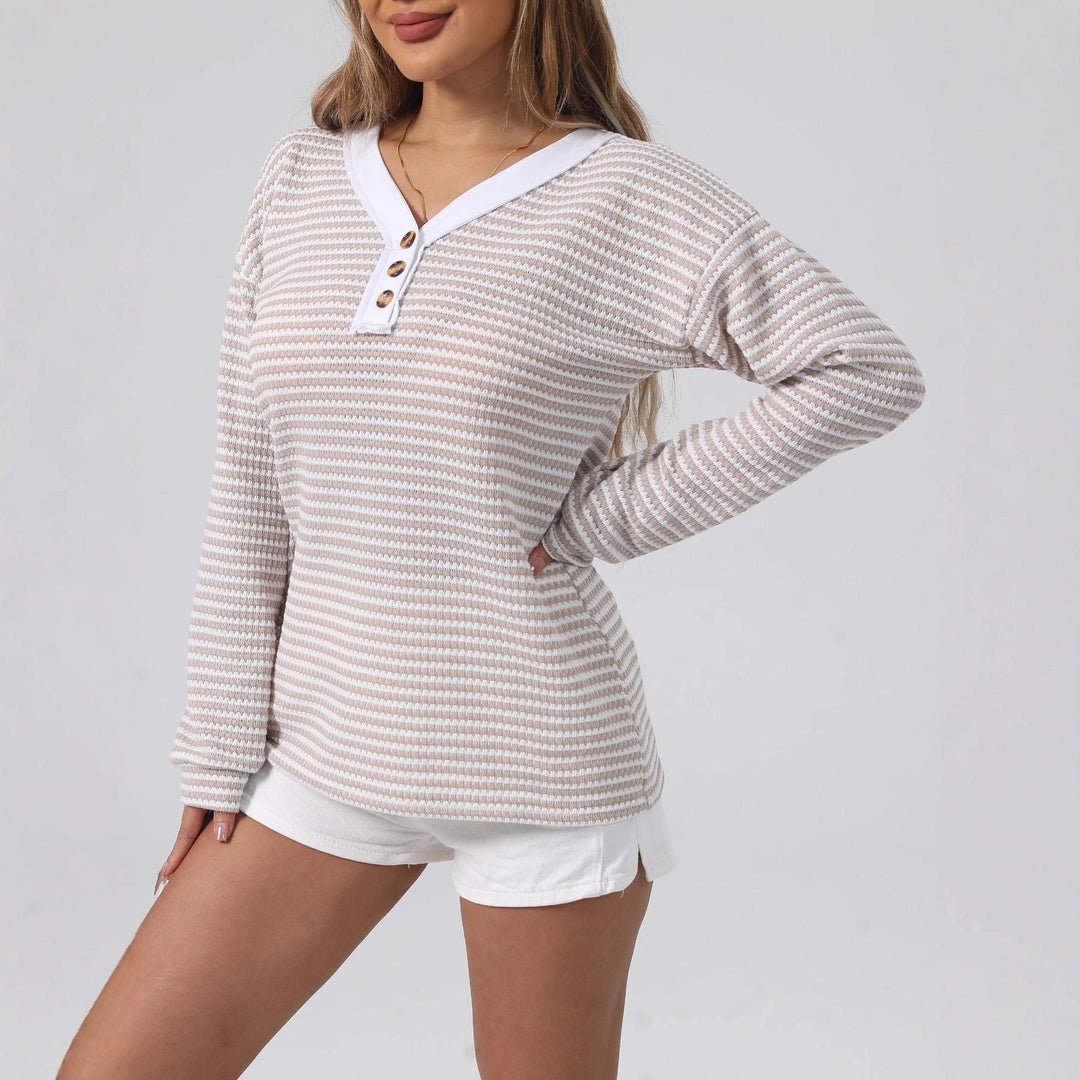 Damen lässiger Strickpullover mit schimmernden Streifen und kontrastierendem Kragen Drune
