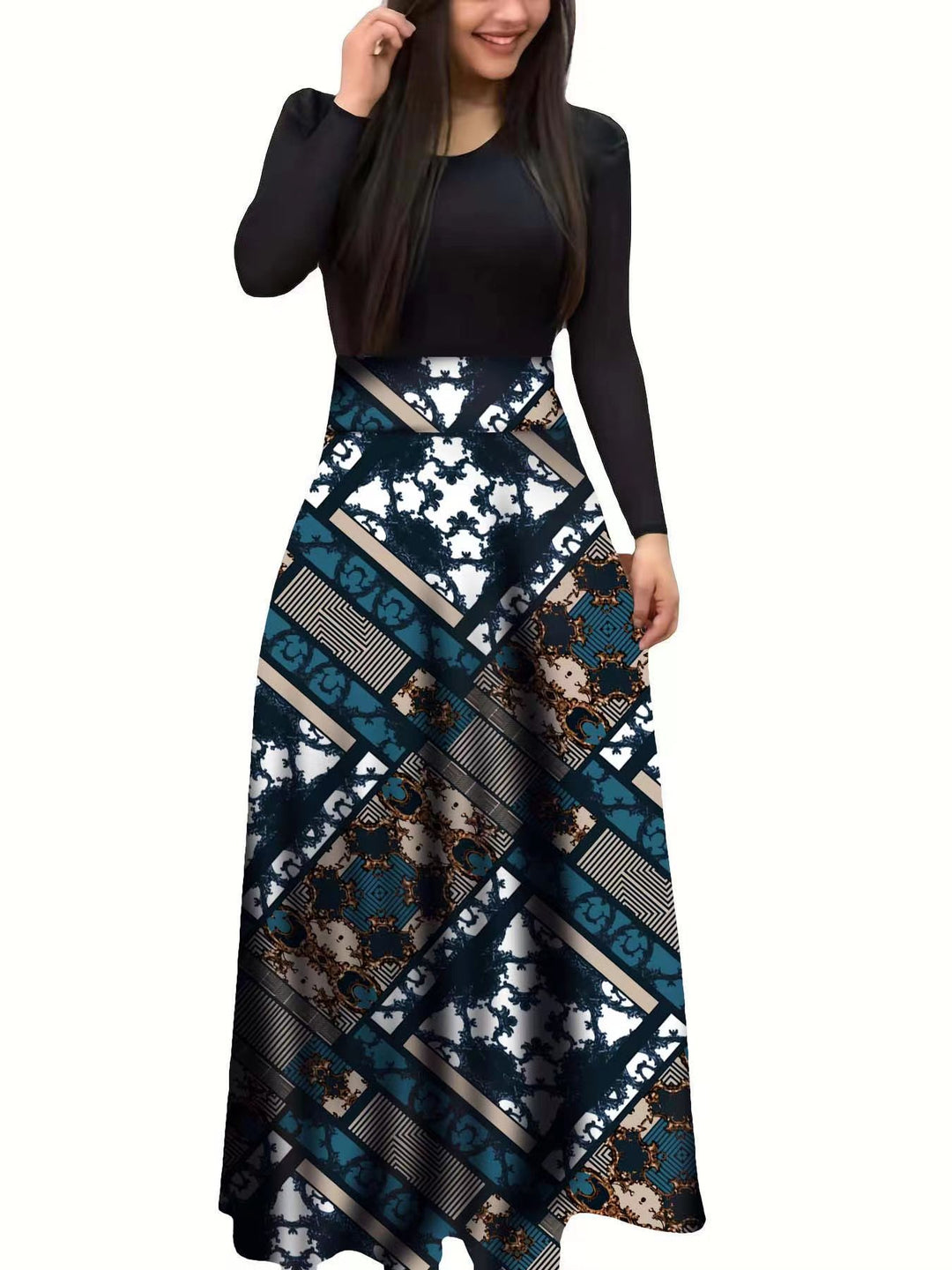 Damen Elegantes Maxikleid mit grafischem Druck und flexiblem Bund Drune