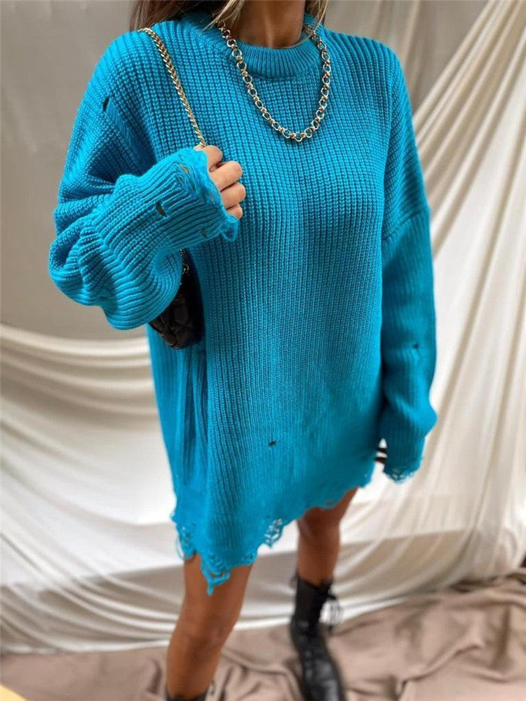 Damen lässiger Langpullover mit strukturiertem Rippdesign und offenen Säumen Drune