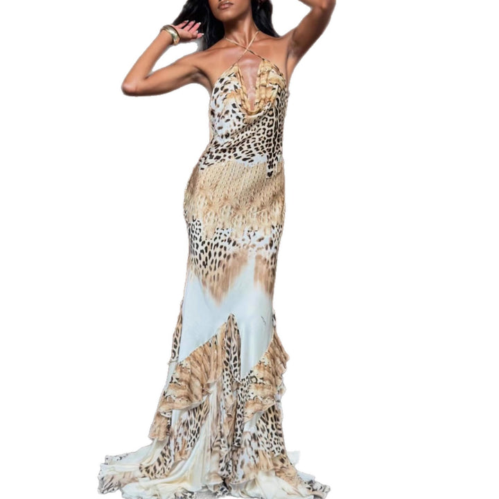 Damen Maxikleid mit tiefem V-Ausschnitt, Rüschensaum und tierischem Muster Drune