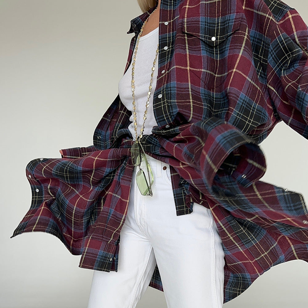 Damen Oversized Karo-Hemd mit drapiertem Schnitt und Druckknopf-Details Drune