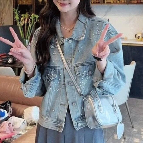 Damen Denimjacke mit dekorativen Perlen Drune