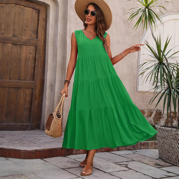 Damen Elegantes Sommer-Maxi-Kleid mit voluminösem Rock und V-Ausschnitt Drune
