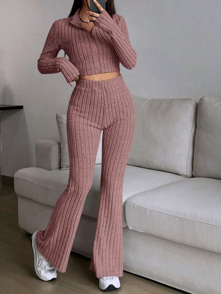 Damen modisches Strick-Loungewear-Set mit hohem Bund Drune