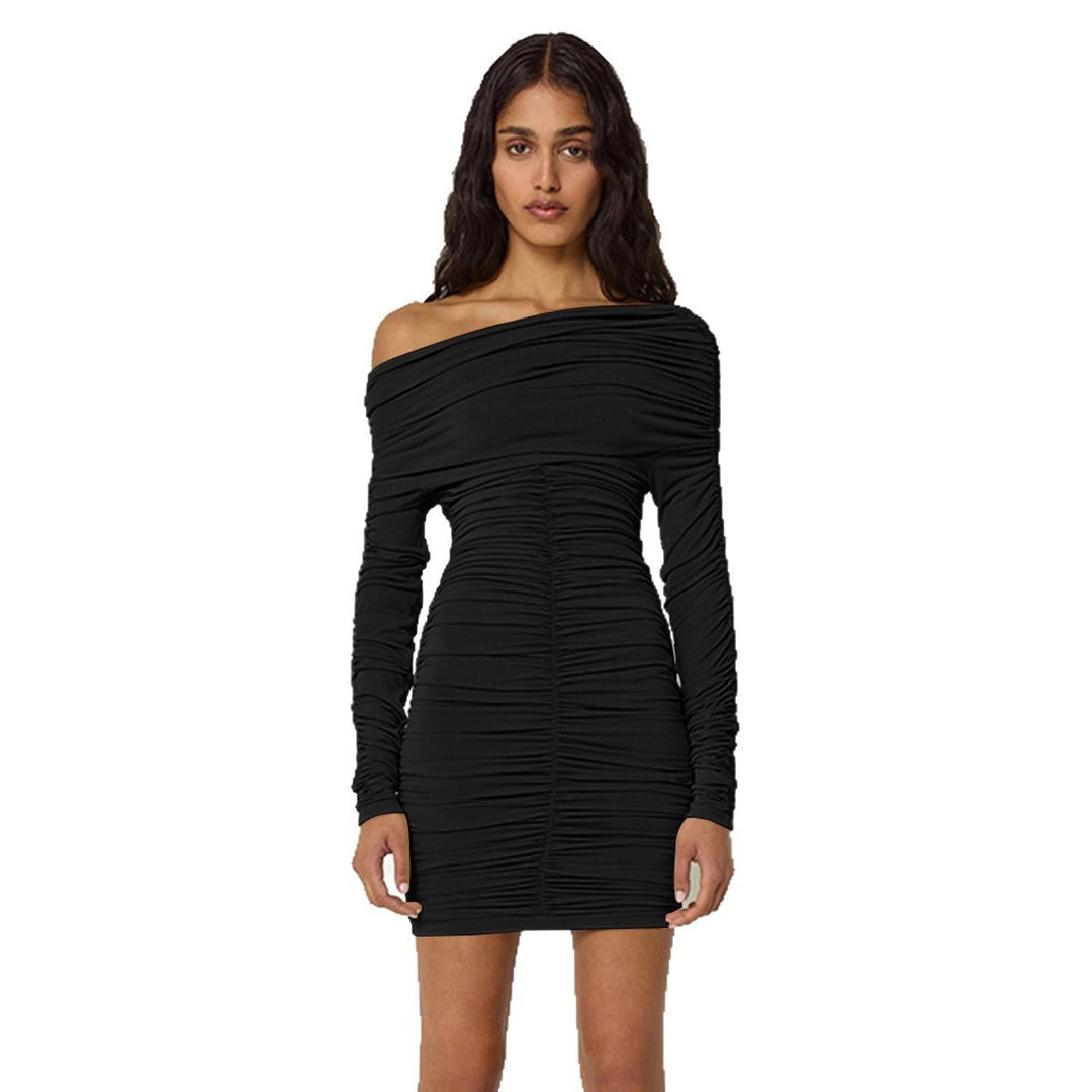 Damen Figurbetontes Off-Shoulder Kleid mit Raffung und langen Ärmeln Drune