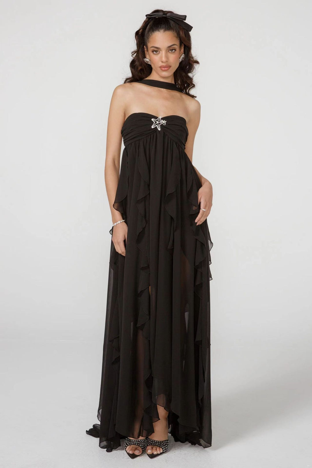 Damen Elegantes Maxi-Kleid mit asymmetrischem Saum und zarten Rüschendetails Drune