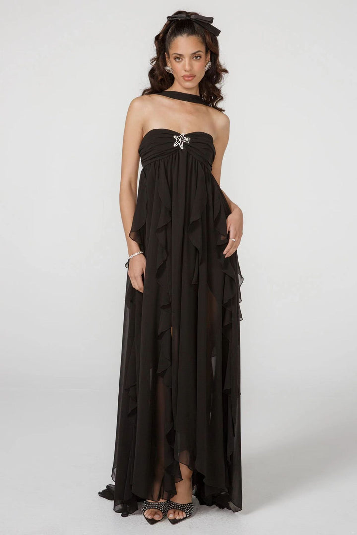 Damen Elegantes Maxi-Kleid mit asymmetrischem Saum und zarten Rüschendetails Drune