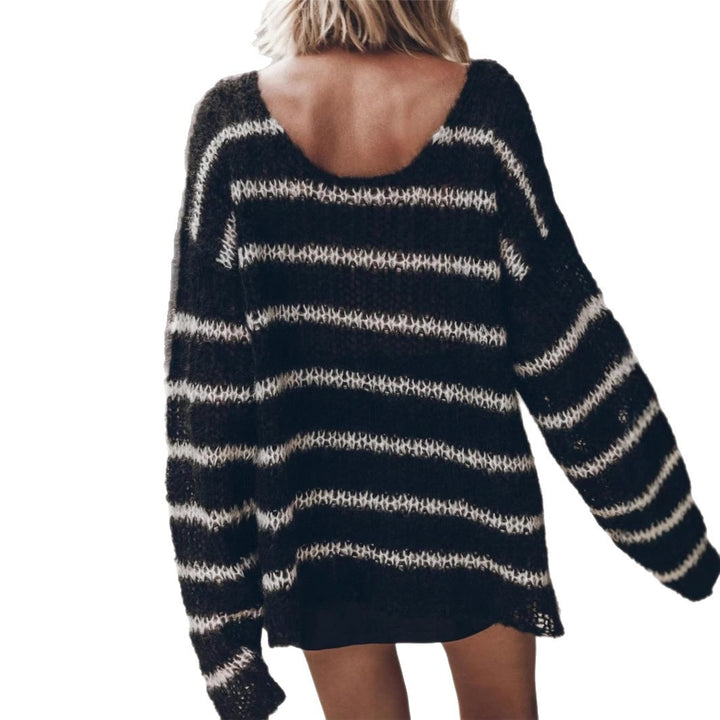 Damen Oversized Strickpullover mit modischem Streifenmuster und tiefem Rückenausschnitt Drune