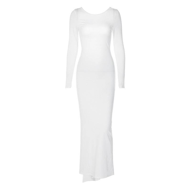 Damen Elegantes figurbetontes Maxikleid mit langen Ärmeln und Rundhalsausschnitt Drune