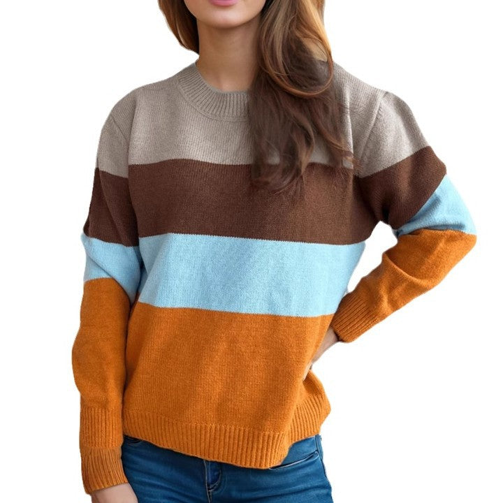 Damen lockerer Strickpullover mit buntem Streifenmuster Drune