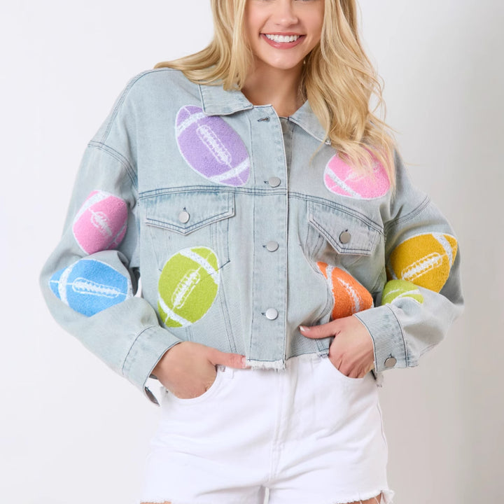 Damen trendige Jeansjacke mit bunten Football-Prints Drune