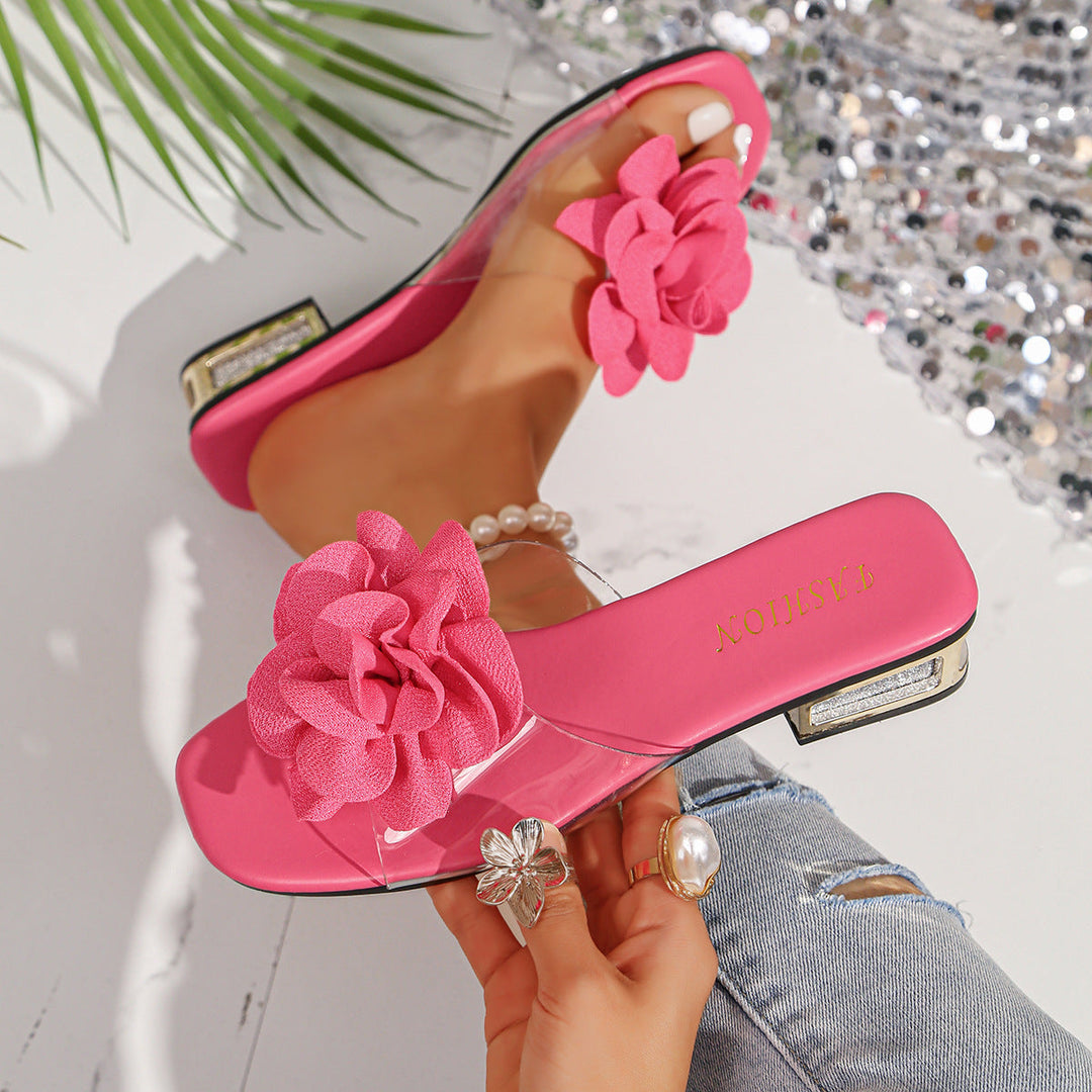 Damen Slides mit floralen Applikationen und funkelndem Blockabsatz Drune