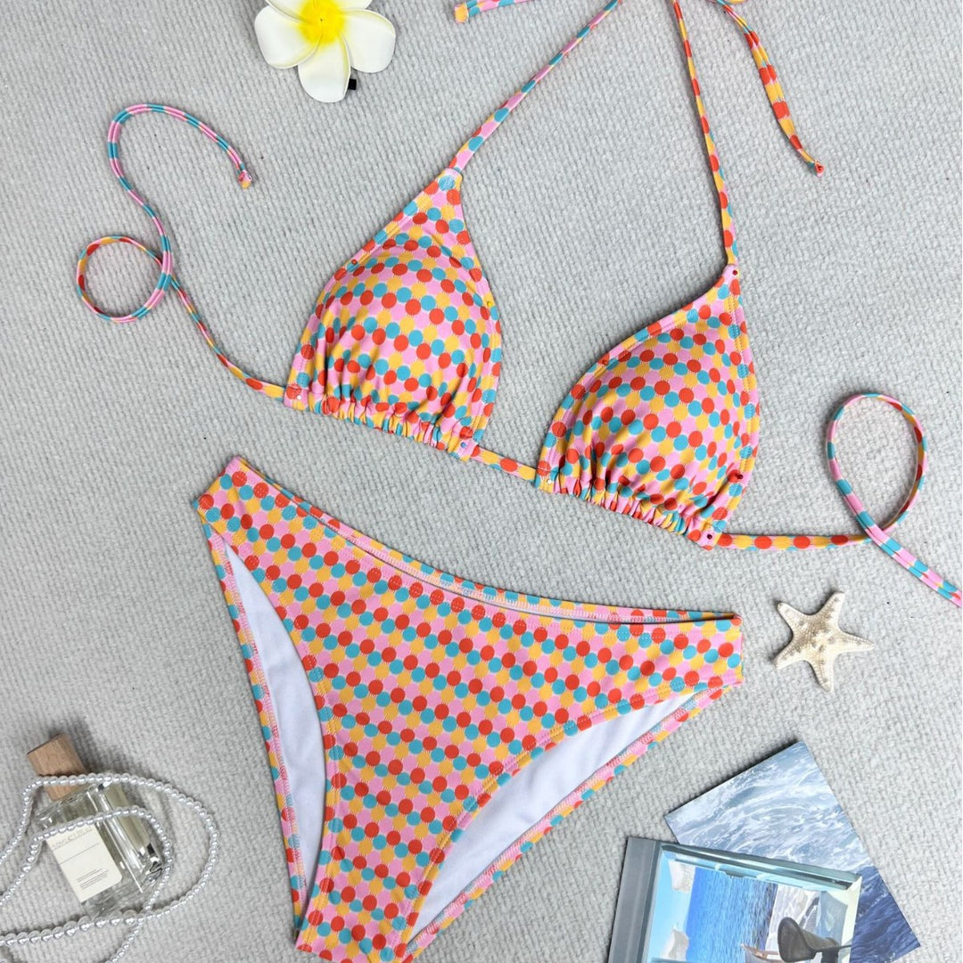 Damen Triangel-Bikini mit buntem Punktedesign und verstellbaren Bändern Drune