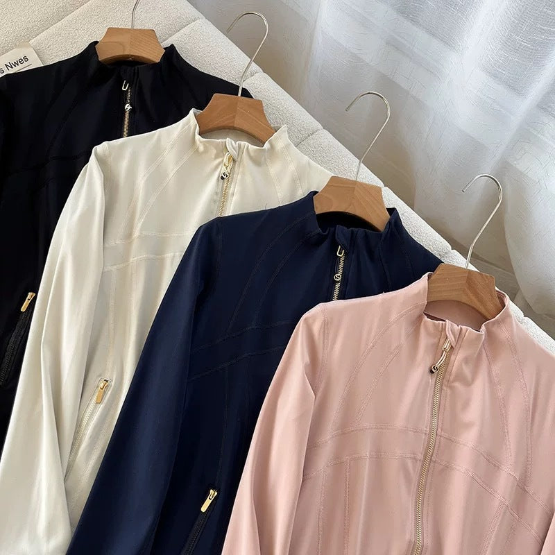 Damen elegante Sportjacke mit hohem Kragen und innovativem Reißverschluss Drune