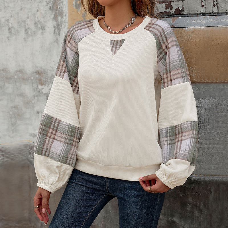 Damen lässiges Sweatshirt mit modischen Karierten Ärmeln Drune