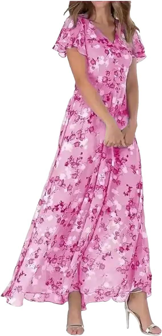 Damen Elegantes Maxikleid mit transparenten Ärmeln und floralem Muster Drune