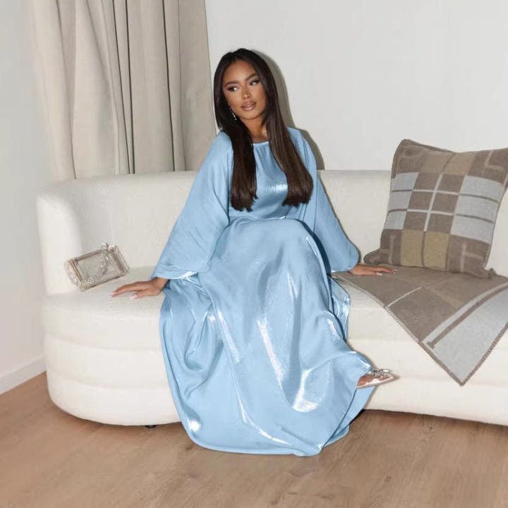 Damen Glamouröses Satin-Maxi-Kleid mit weitem Schnitt und eleganten Ärmeln Drune