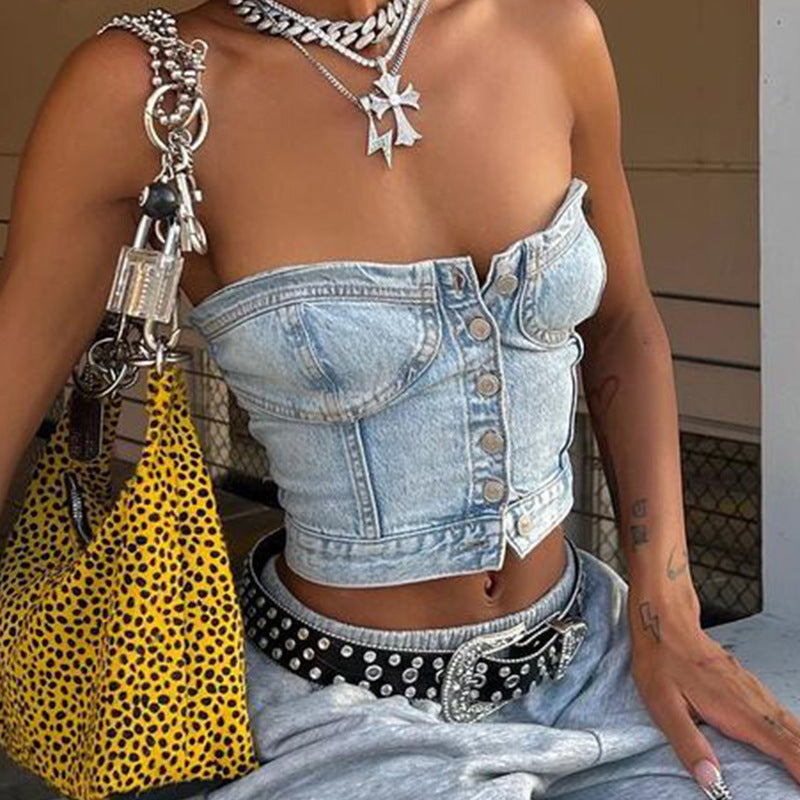 Damen Denim-Crop-Top mit gestricktem Überwurf Drune