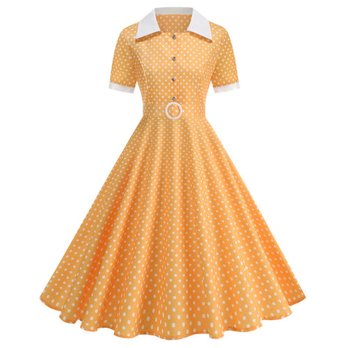 Damen Vintage Polka-Dot Kleid mit Knopfdetails und schwingendem Rock Drune