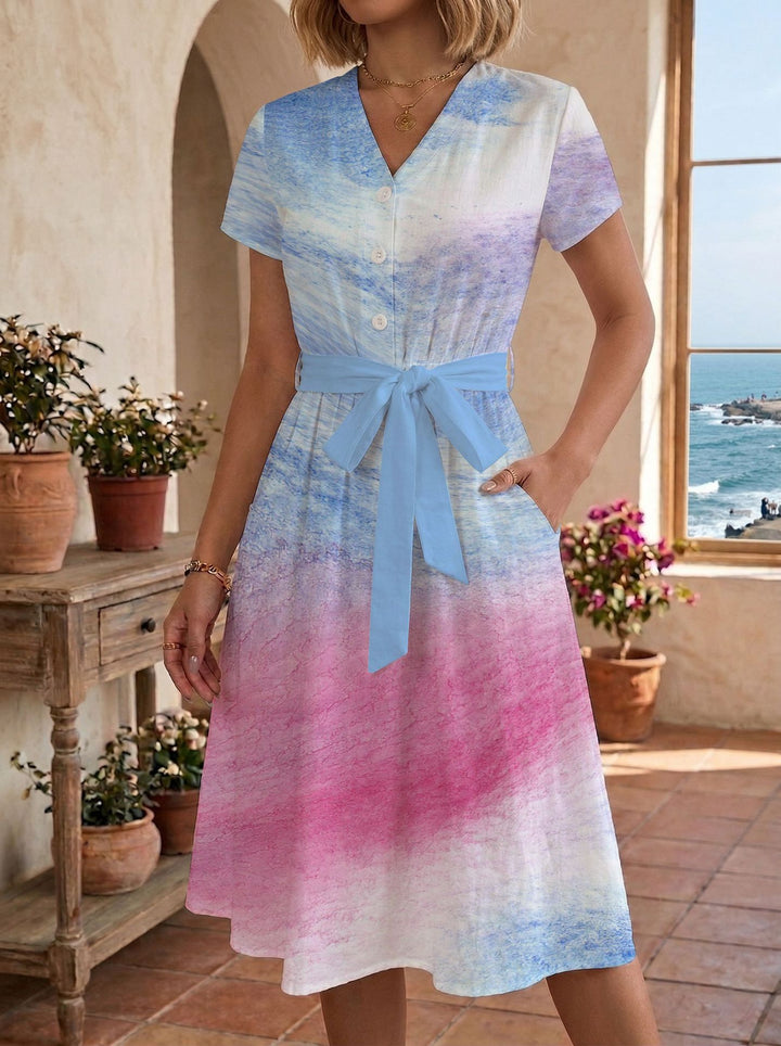 Damen Sommerliches Kleid mit taillierbarem Bindegürtel und floralem Muster Drune