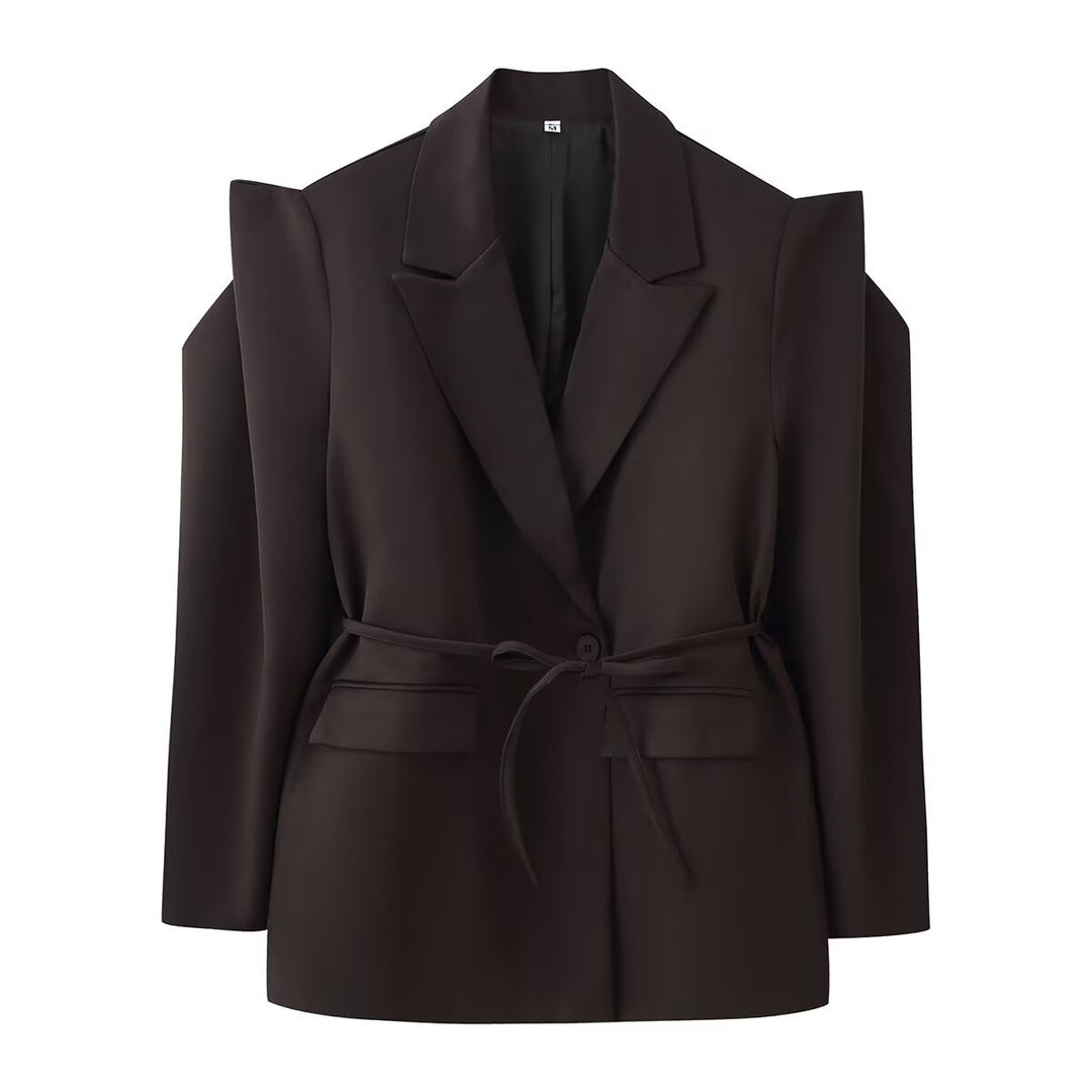 Damen nan taillierter Blazer mit Bindegürtel, Reverskragen und Schulterpolstern Drune