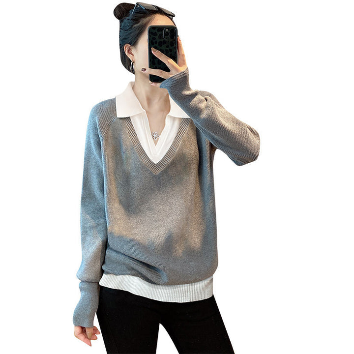 Damen V-Ausschnitt Pullover im Layering-Stil mit kragen Drune
