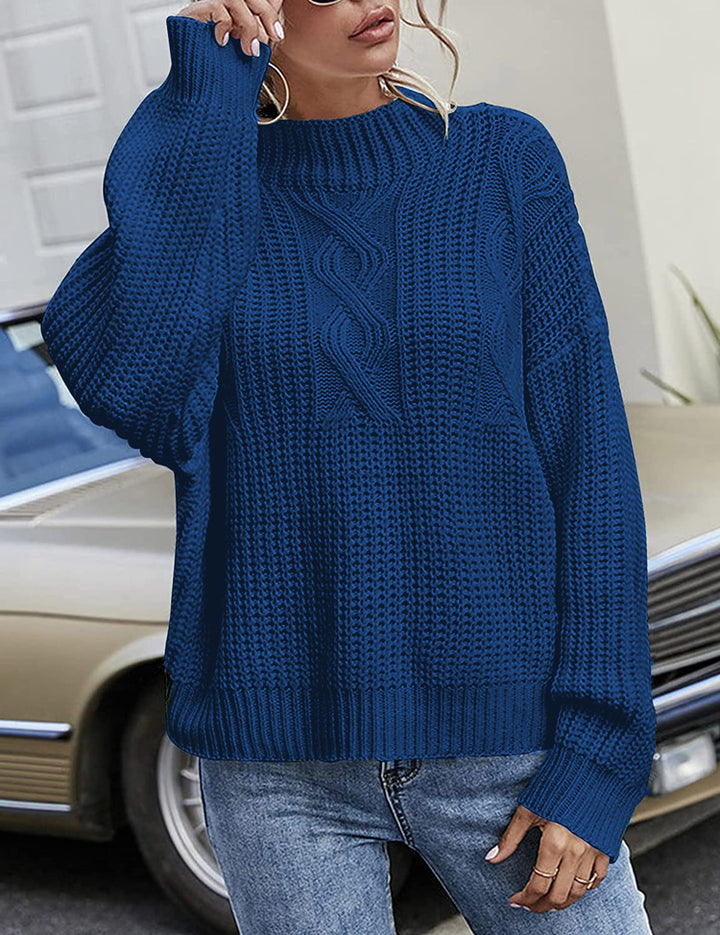 Damen Grobstrickpullover mit hohem Kragen und dekorativem Zopfmuster Drune