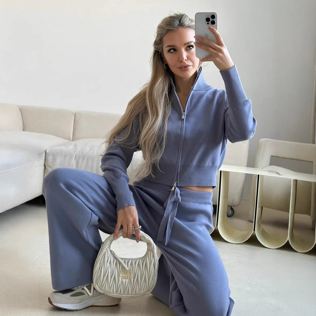 Damen lässiges Strick-Lounge-Set mit cropped Oberteil und weiten Hosen Drune
