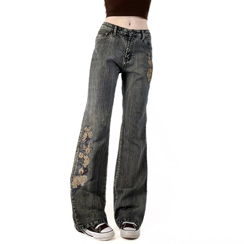 Damen Flared Jeans mit floralem Stickdesign Drune