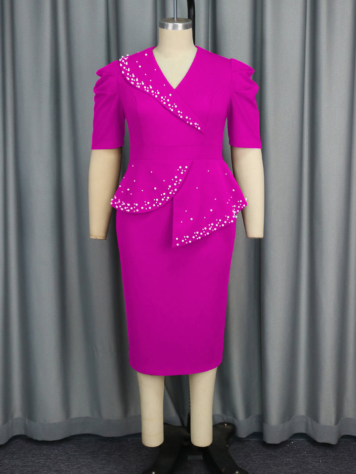 Damen figurbetontes Wickelkleid mit Rüschen und Perlenakzenten Drune
