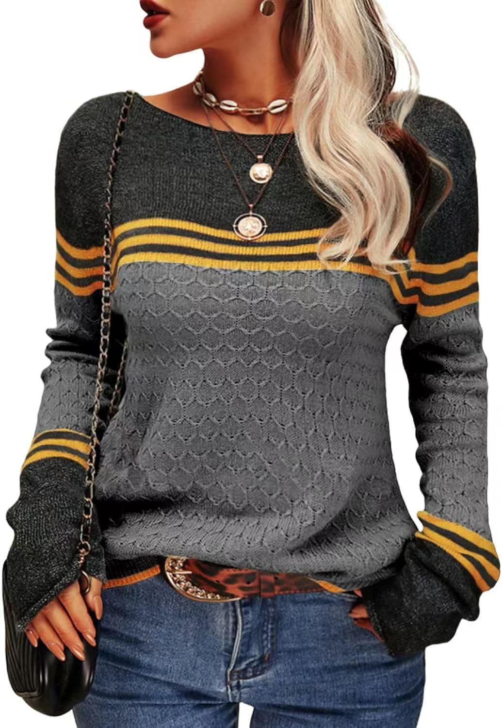Damen lässiger Strickpullover mit kontrastierenden Farbblöcken und einzigartiger Textur Drune