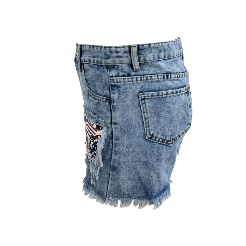 Damen Destroyed Denim-Shorts mit fransigen Taschen und modischen Aufnähern Drune