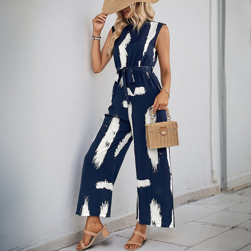 Damen Jumpsuit mit modernem Streifenmuster und praktischen Bindegürtel Drune