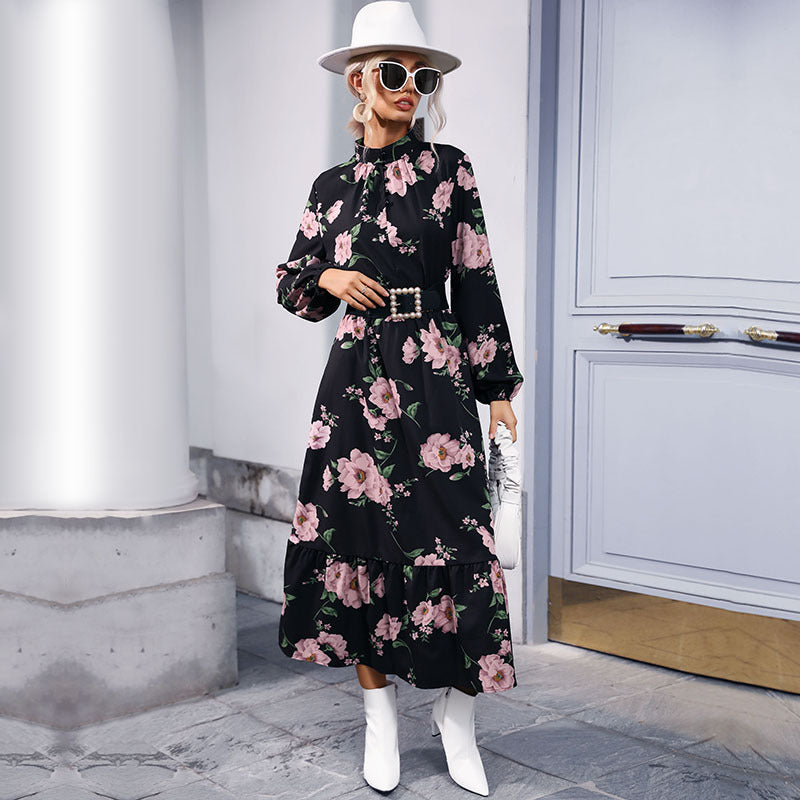 Damen Maxikleid mit floralen Rüschendetails und elegantem Bund Drune