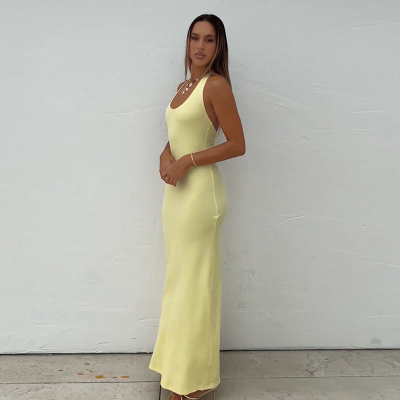 Damen bodenlanges Sommerkleid mit figurbetontem Schnitt und elegantem U-Boot-Ausschnitt Drune