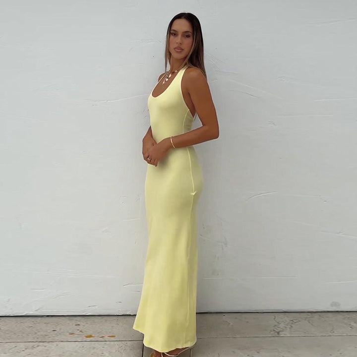 Damen bodenlanges Sommerkleid mit figurbetontem Schnitt und elegantem U-Boot-Ausschnitt Drune
