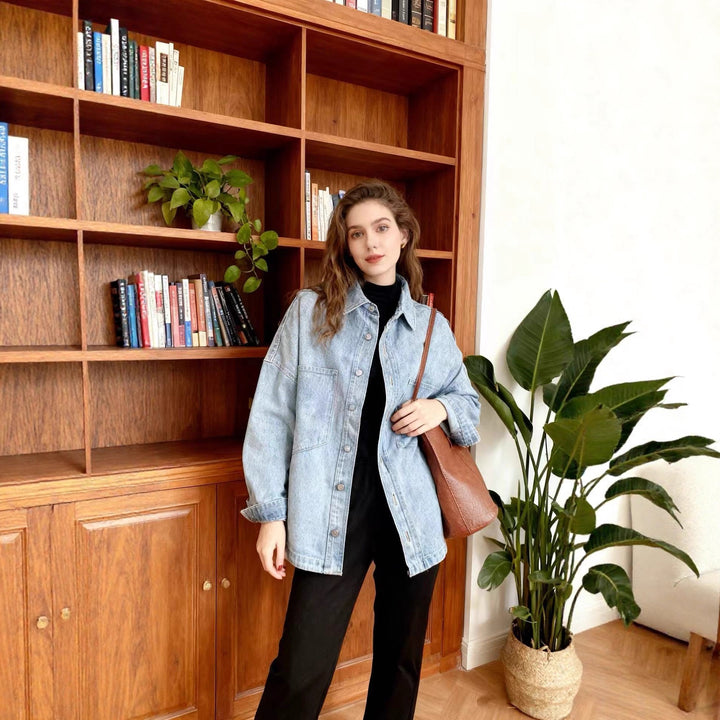 Damen nan oversized Jeanshemd mit aufgesetzten Brusttaschen, leichter Baumwoll-Denim und abgerundetem Saum Drune