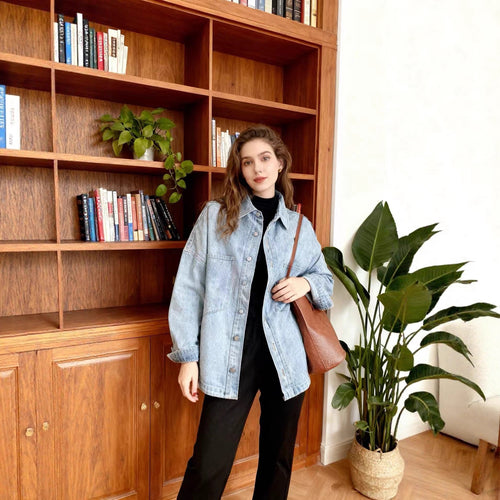 Damen nan oversized Jeanshemd mit aufgesetzten Brusttaschen, leichter Baumwoll-Denim und abgerundetem Saum Drune