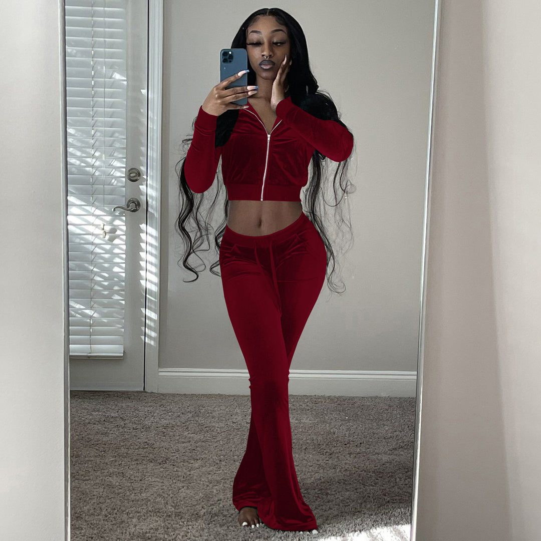 Damen Velours Tracksuit mit Zip-Front und weit geschnittener Hose Drune