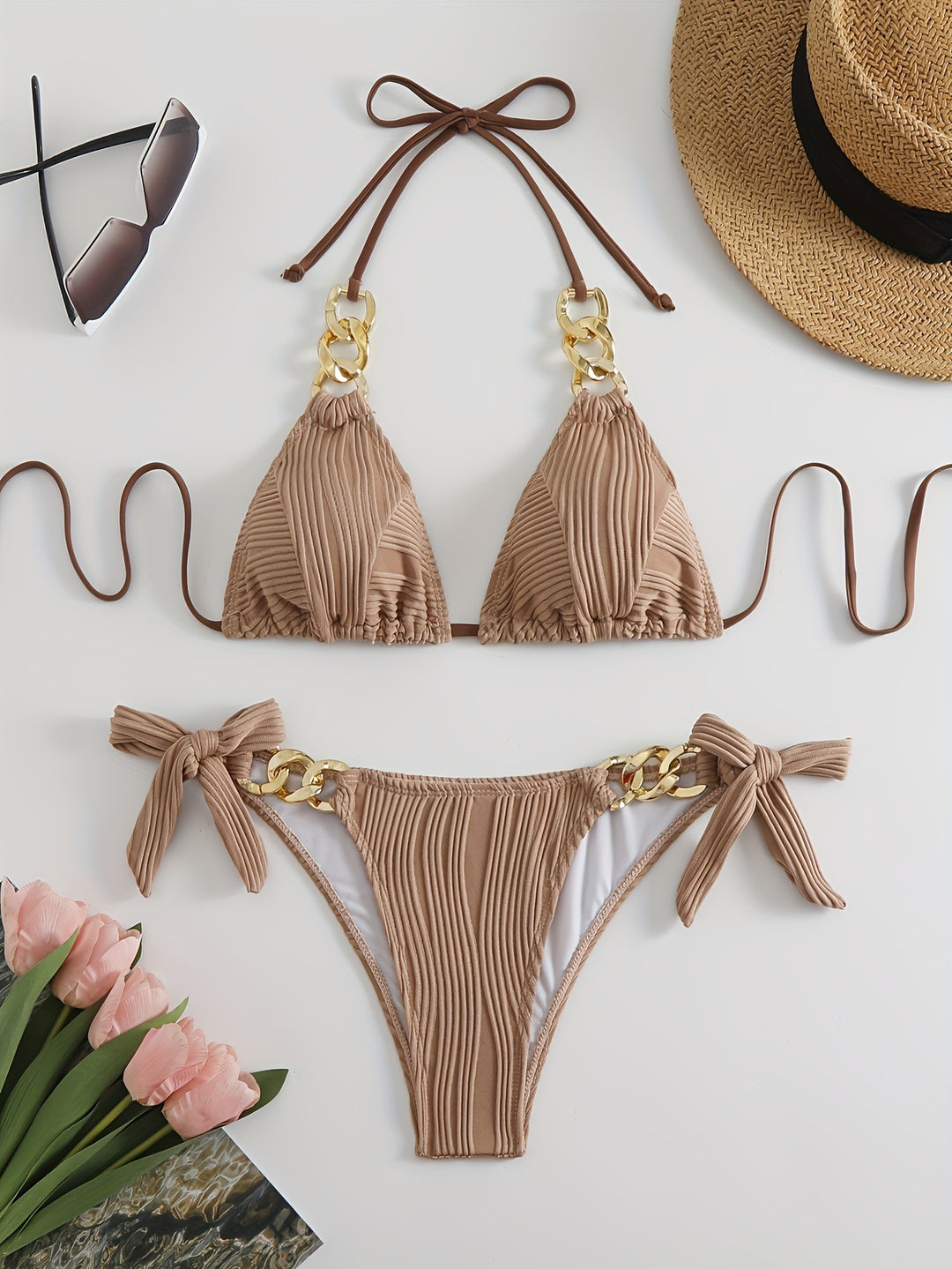 Damen Bikiniset mit luxuriösen Rüschen und goldenen Kettenakzenten Drune