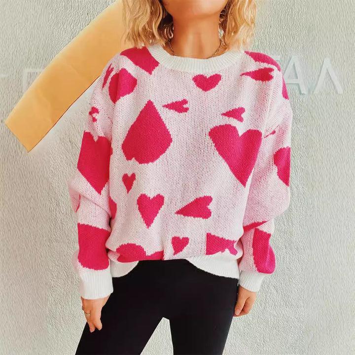 Damen lockerer Pullover mit Herzmuster und weitem Schnitt Drune