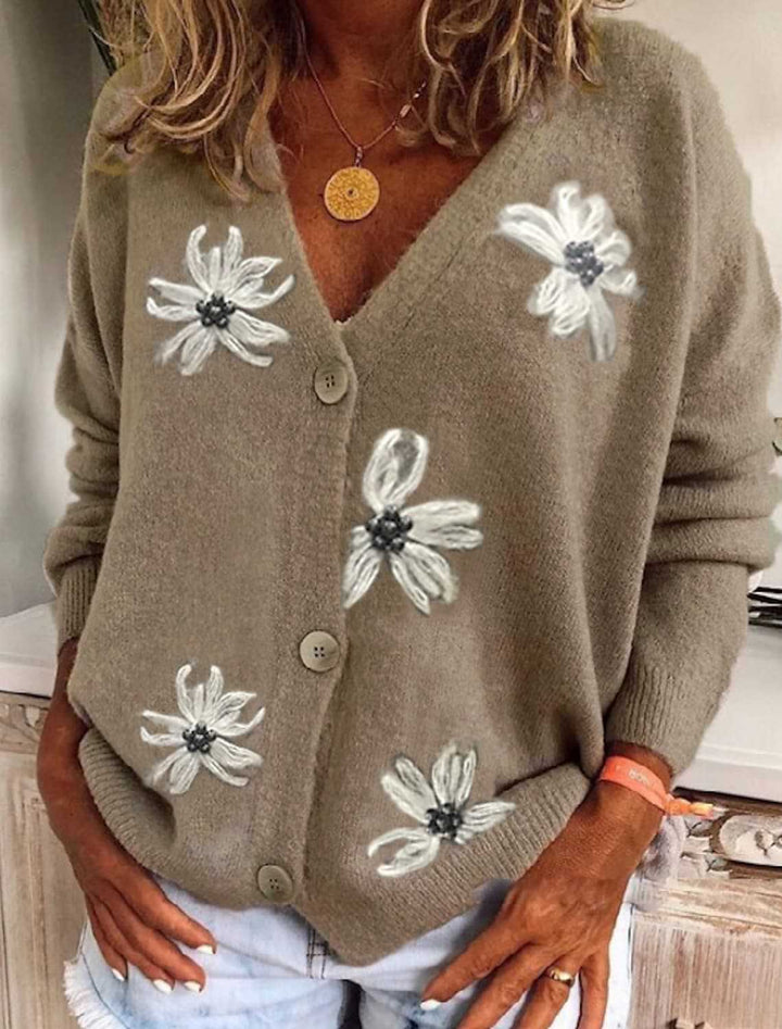 Damen Kuschelige Strickjacke mit floralem Muster und durchgehendem Knopfverschluss Drune